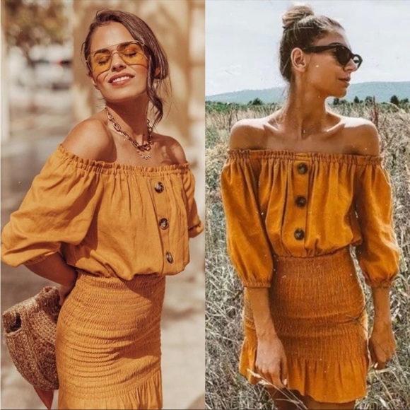 Zara smocked mustard off the shoulder dress NEW - Picture 5 of 12